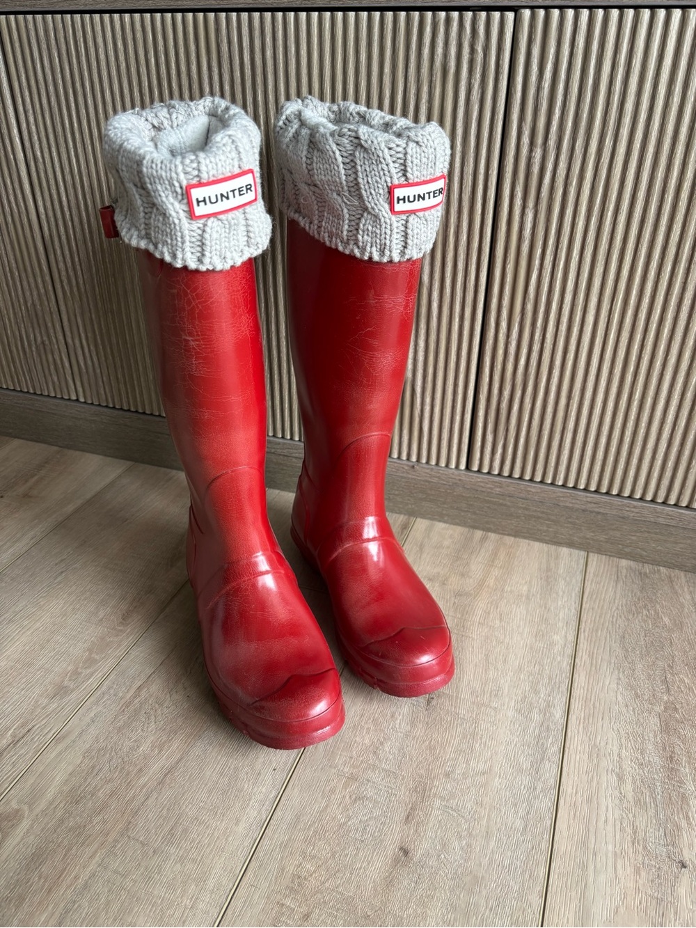 Hunter Red Tall Rain Boots with Grey Knit Cuffs